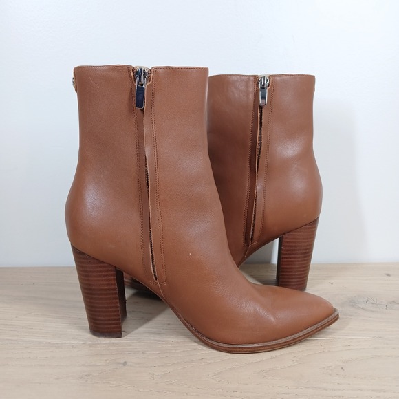 Nine West Boots Women 9.5 Tan Leather Block Heel Ankle Minimal Classic Basic - Picture 3 of 12